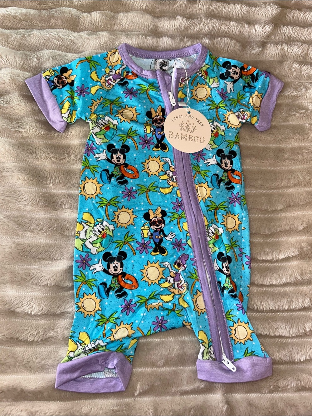 BAMBOO Blue & Lavender Mickey Mouse Tropical Zip One-Piece